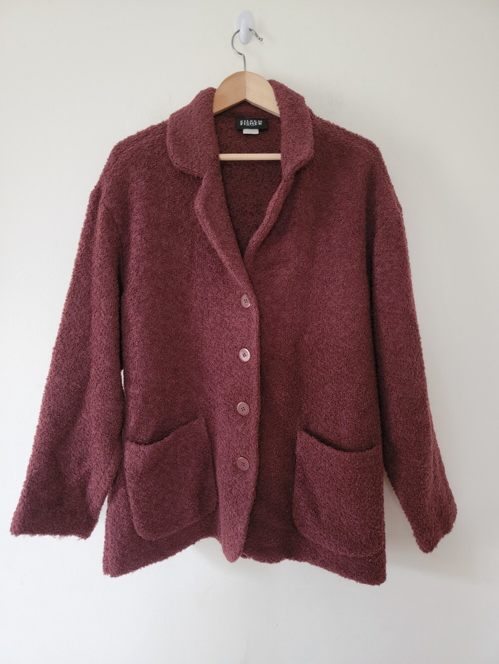 Eileen Fisher 70s/80s Vintage Wool Plush Button-Front Teddy Jacket - Deep Wine
